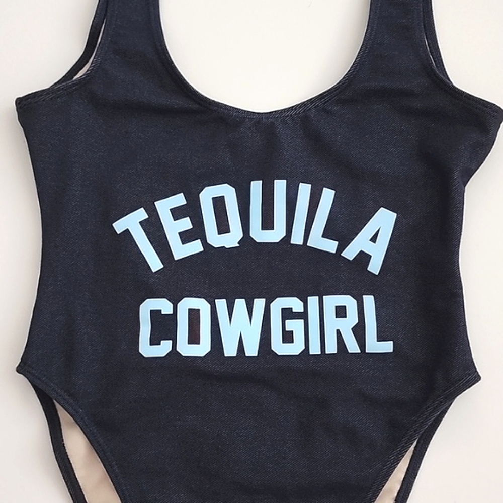 One Piece Women's Swimsuit Dark Denim Tequila Cowgirl Blue Print Size S/M - Picture 6 of 14